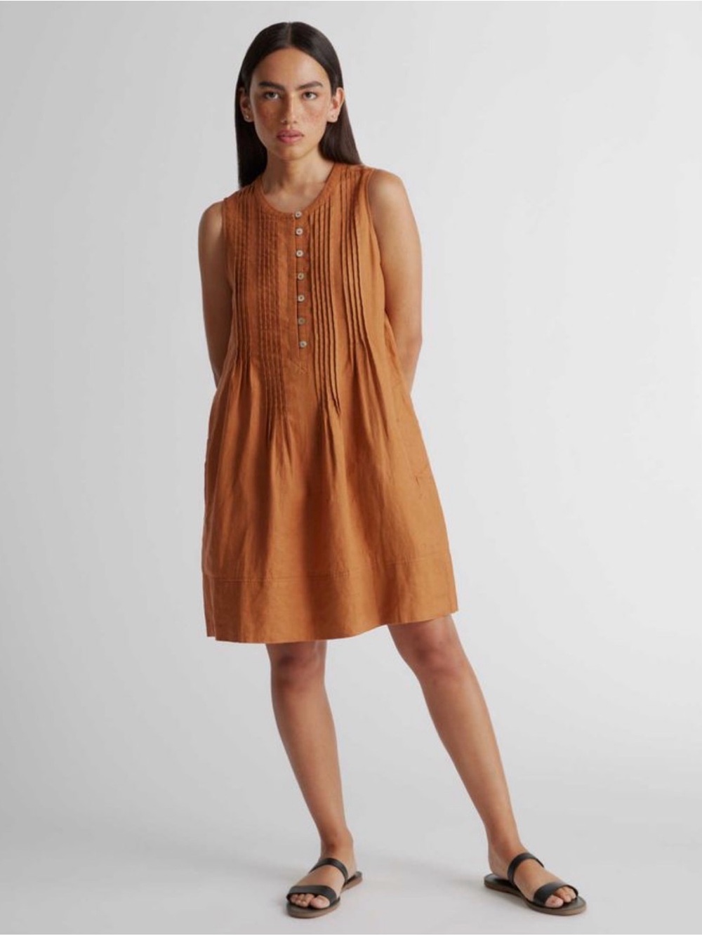 Quince 100% European Linen Sleeveless Swing
Dress in Rust Orange Size S